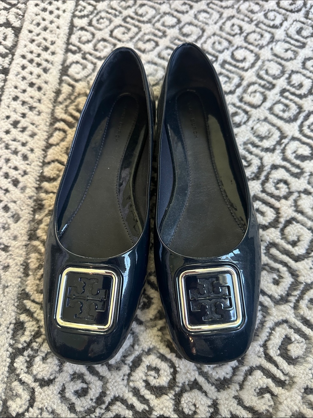 Tory Burch Black Patent Logo Square-Toe Flats